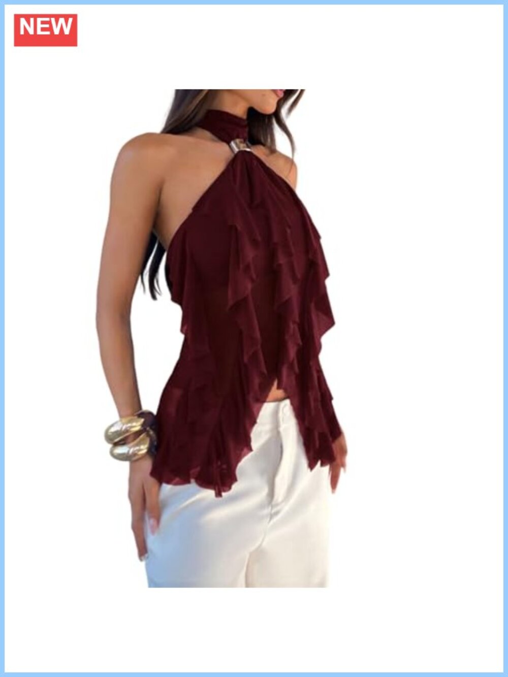 Women Sheer Mesh Halter Tank Ruffle Mock Neck Sleeveless Buckle Top